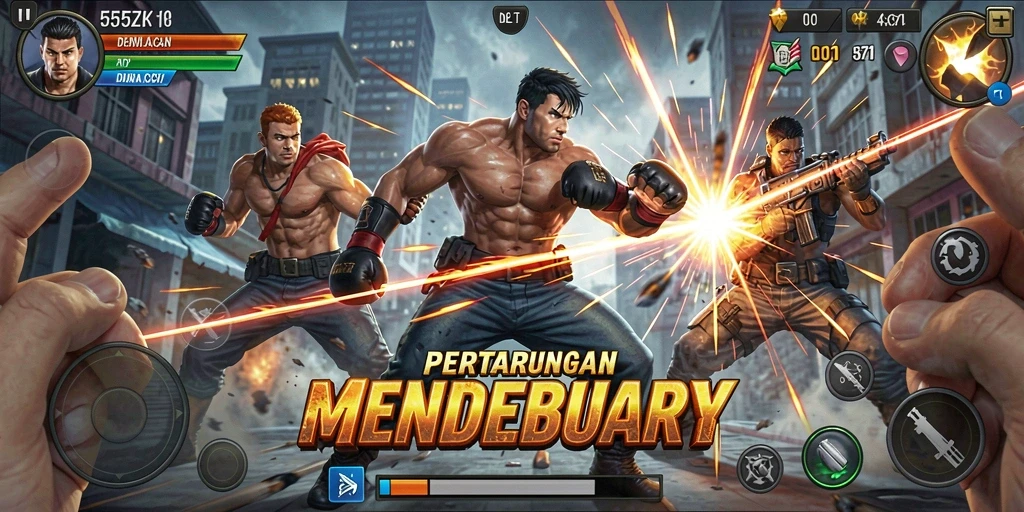 Tangkapan layar utama 555ZK menampilkan aksi pertempuran yang intens.