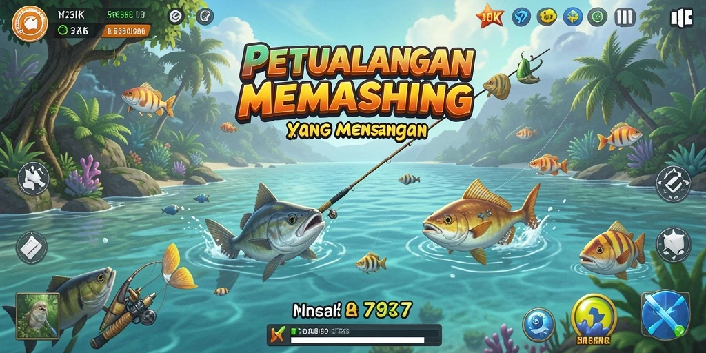 Tampilan gameplay 73K yang penuh aksi saat memancing di perairan indah.