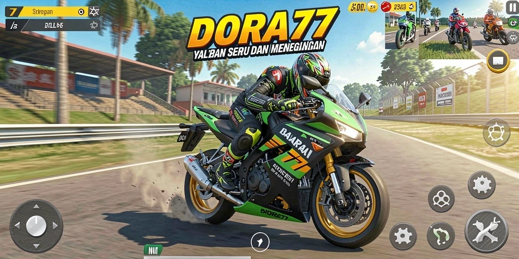 Gameplay seru DORA77 dengan balapan motor di berbagai trek.