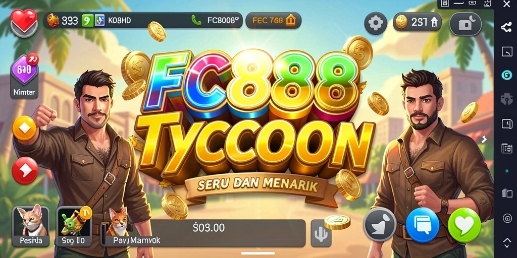 Screenshot utama FC888 menampilkan antarmuka manajemen bisnis Tycoon yang interaktif.