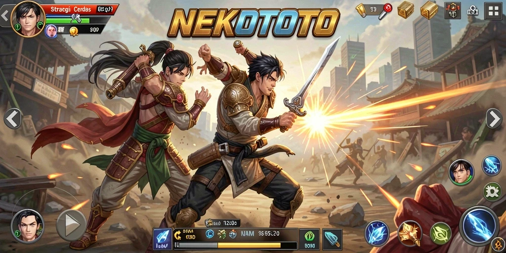 Tangkapan layar gameplay NEKOTOTO menampilkan pertempuran strategi yang mendebarkan.