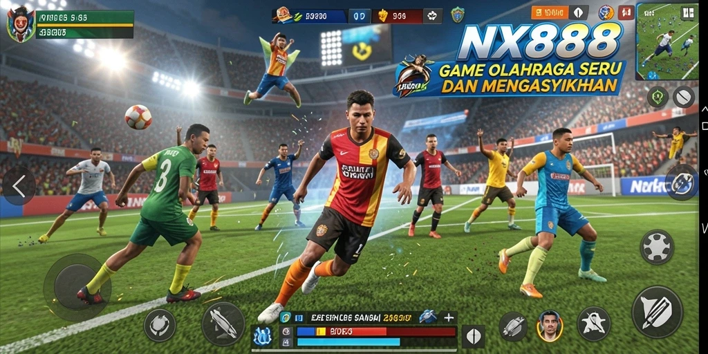 Screenshot utama NX888 menampilkan aksi mendebarkan dalam pertandingan olahraga.