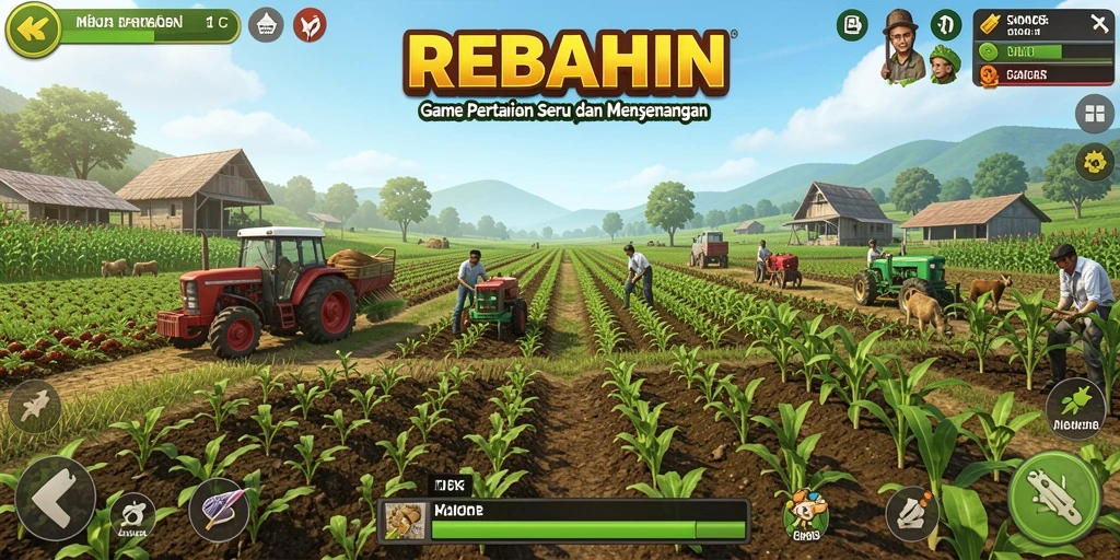 Tampilan gameplay seru dalam REBAHIN memperlihatkan aktivitas bertani.