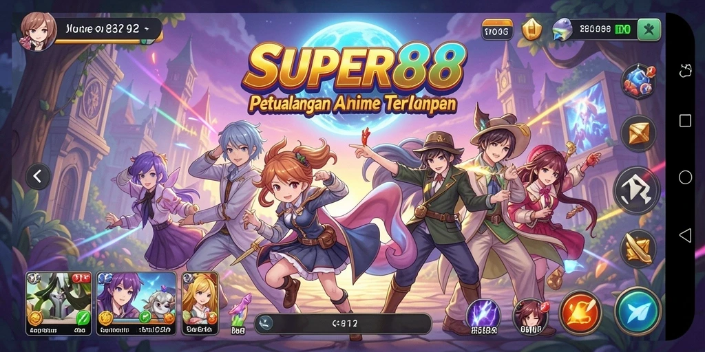 Screenshot gameplay SUPER88 yang penuh aksi dan karakter anime keren.