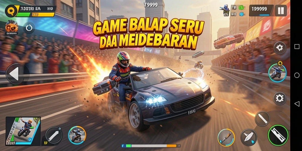 Screenshot utama T9999 menampilkan aksi balapan yang mendebarkan.