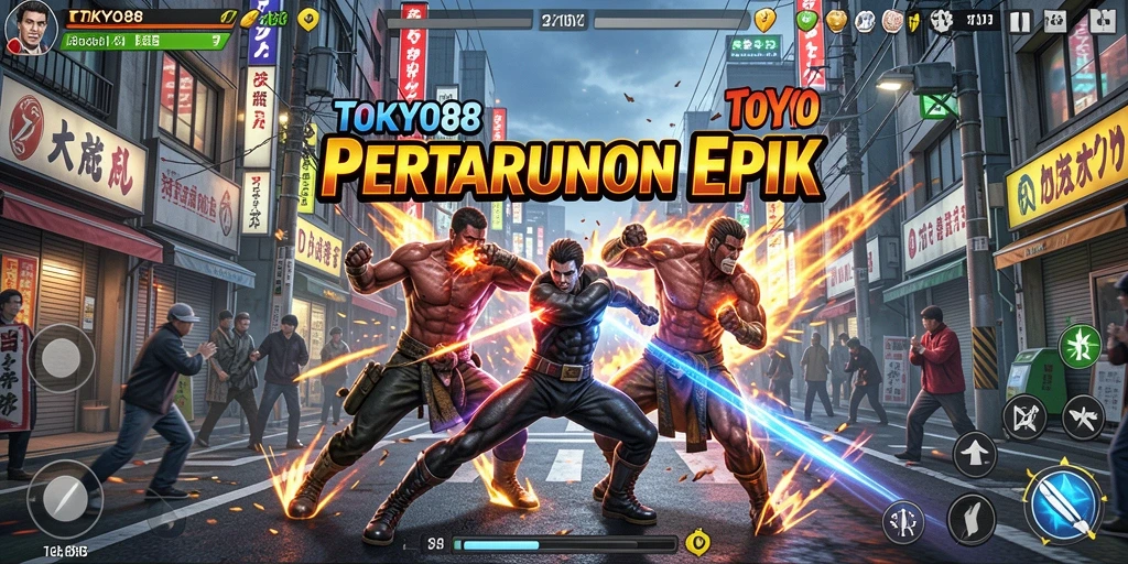 Tampilan pertarungan seru di jalanan Tokyo dengan karakter unik.